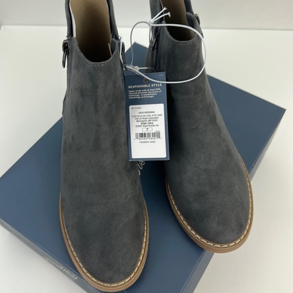 Gray faux suede booties with dual zippers and wood heel look. Universal Thread 7 - Picture 9 of 12